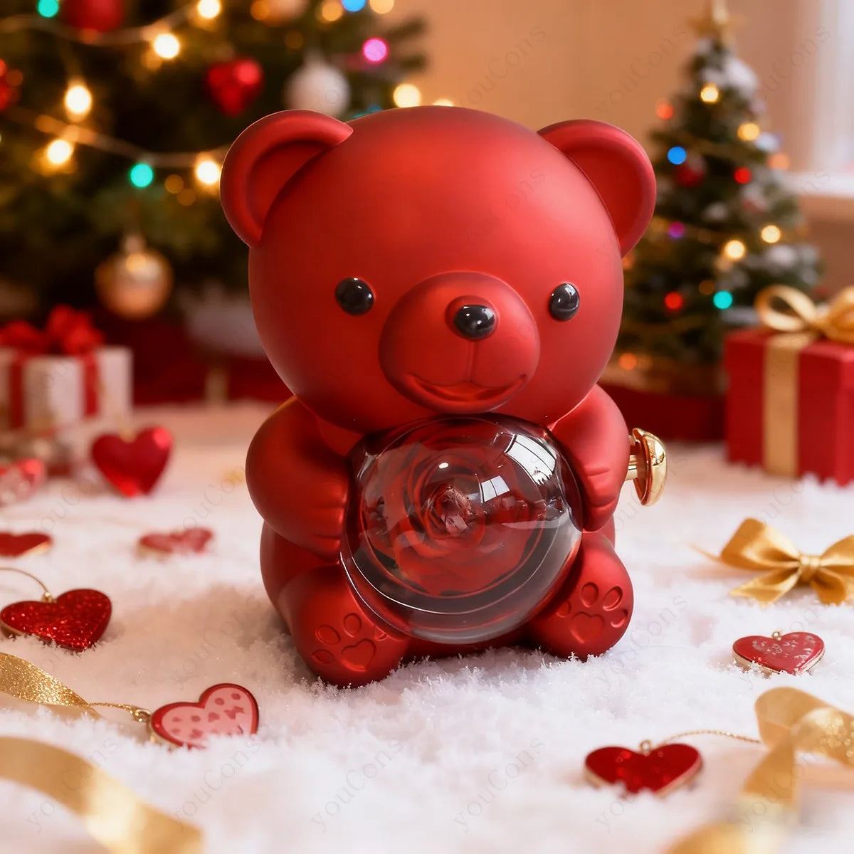 Ursuleț acrilic cu trandafir criogenat și Colier Tennis cu Pandantiv Inimă ❤️